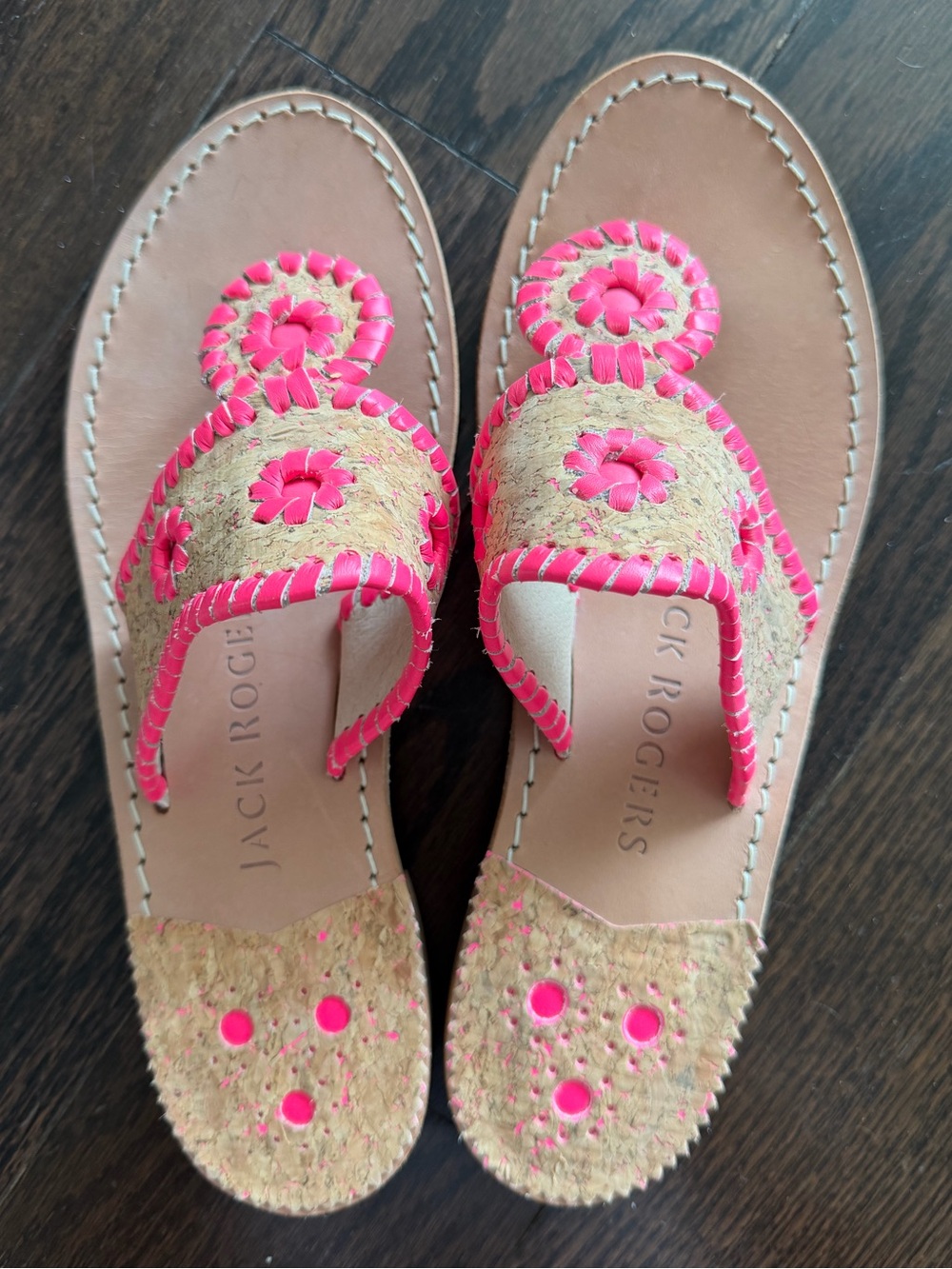 Jack Rogers Flat Sandals in Cork and Neon Pink